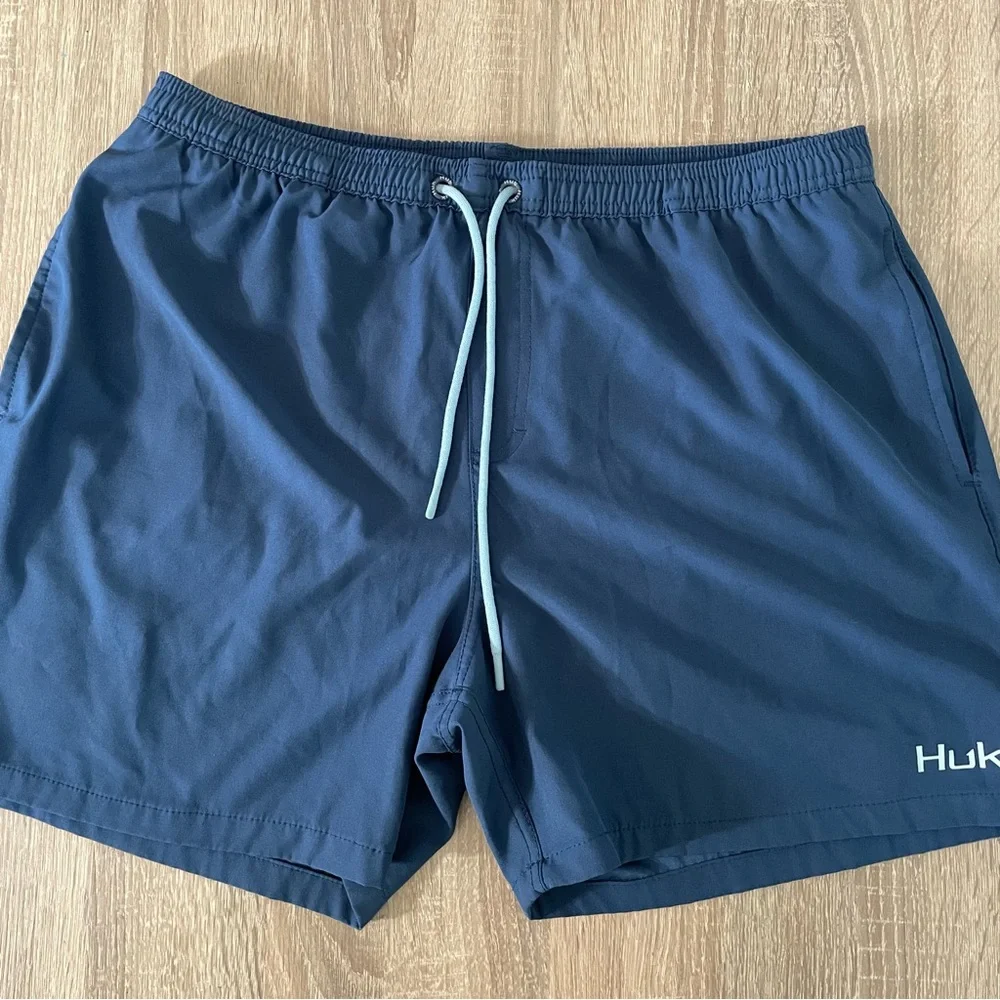 Huk Men's Navy Swim Trunks with Light Blue Drawstring